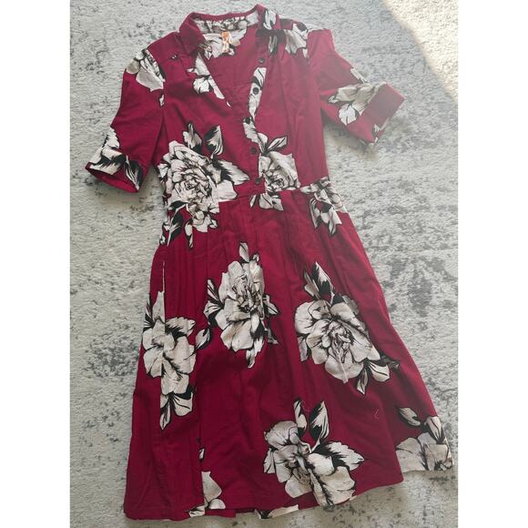 Maeve Anthropologie Dagmar Maroon Floral Button Front Fit & Flare Short Dress 4 - Picture 3 of 6